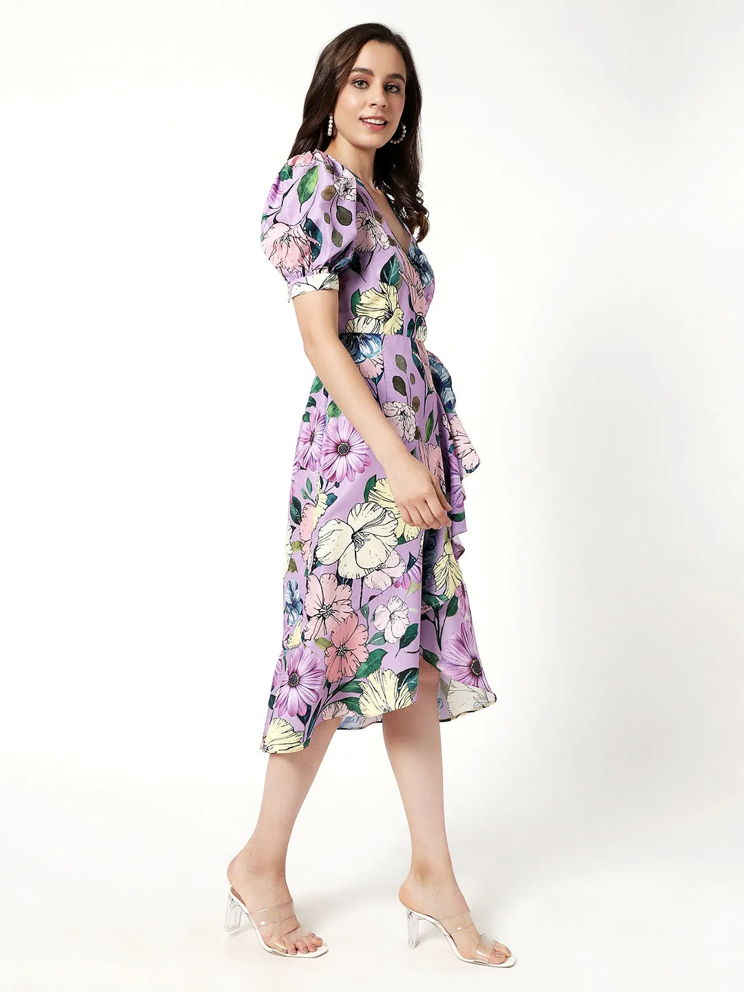 Floral Digital Printed High-Low Midi Dress