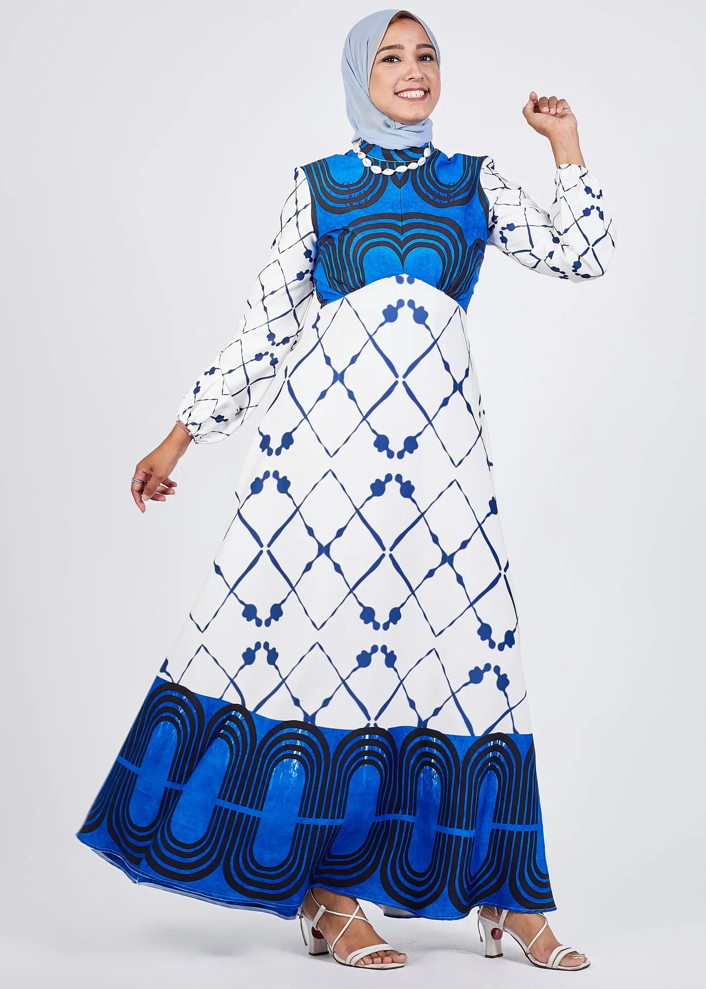 Ghada Serena Blue Geometric Print Modest Maxi Dress