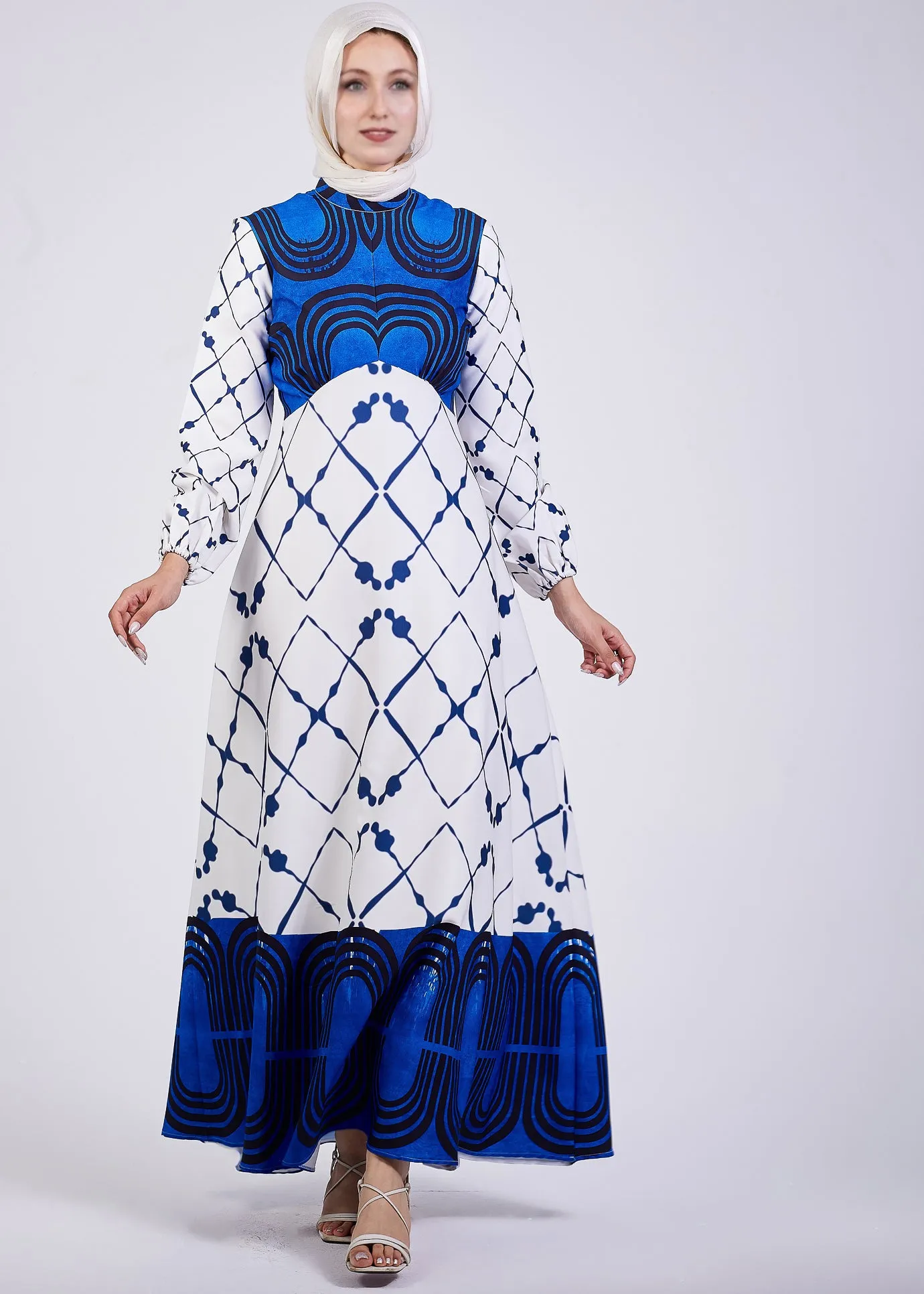 Ghada Serena Blue Geometric Print Modest Maxi Dress