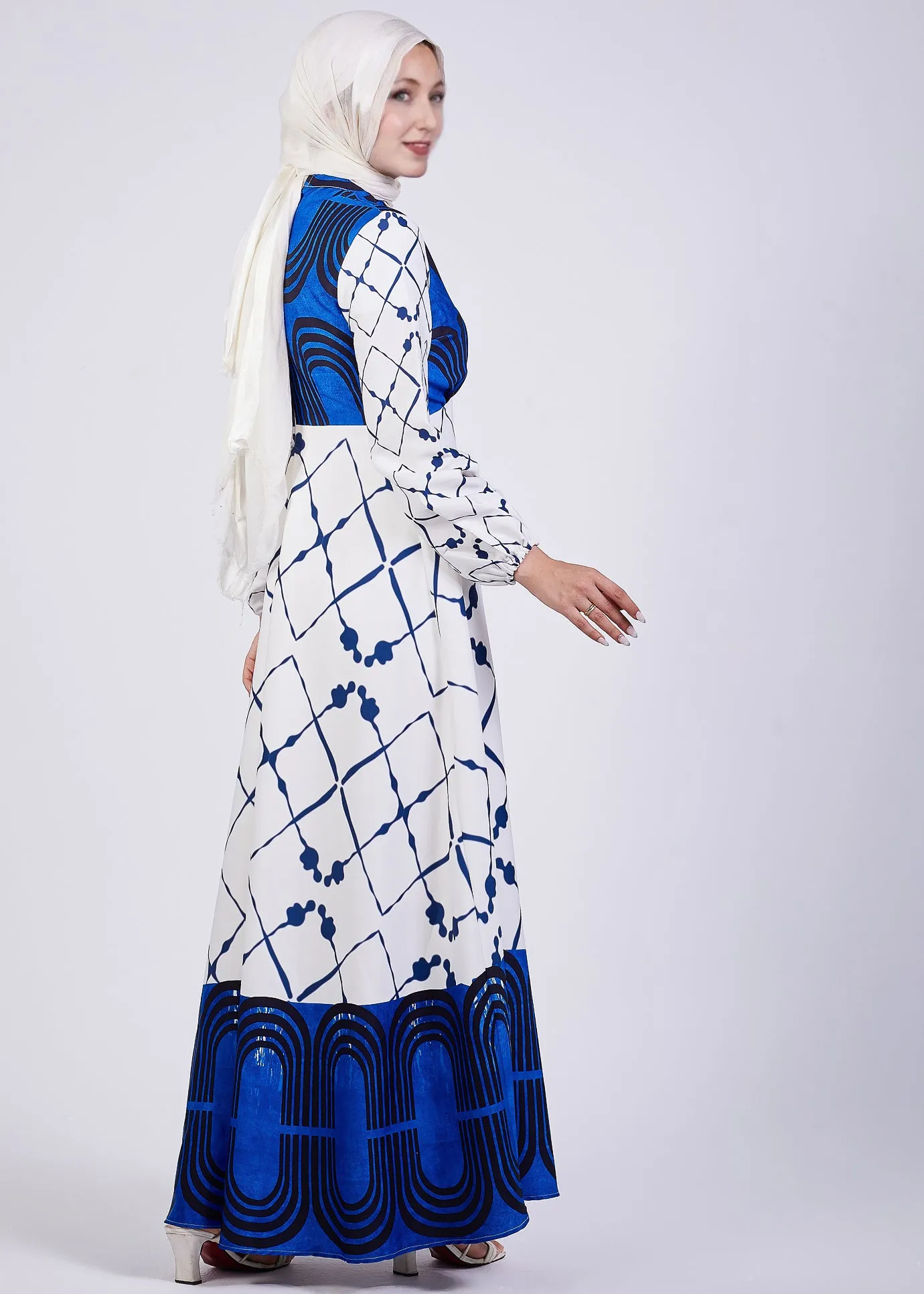 Ghada Serena Blue Geometric Print Modest Maxi Dress