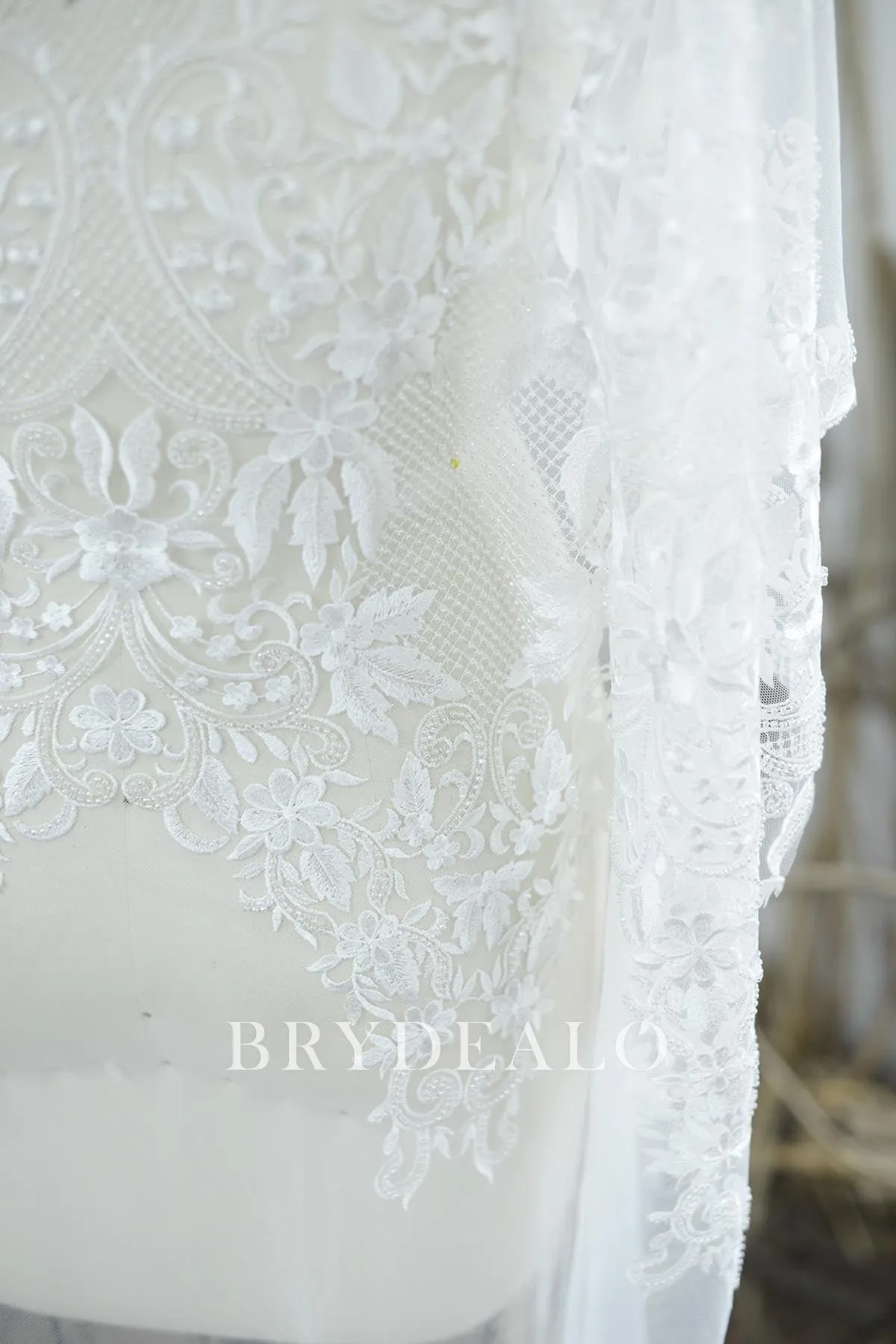 Graceful Beaded Floral Embroidered Bridal Lace Fabric