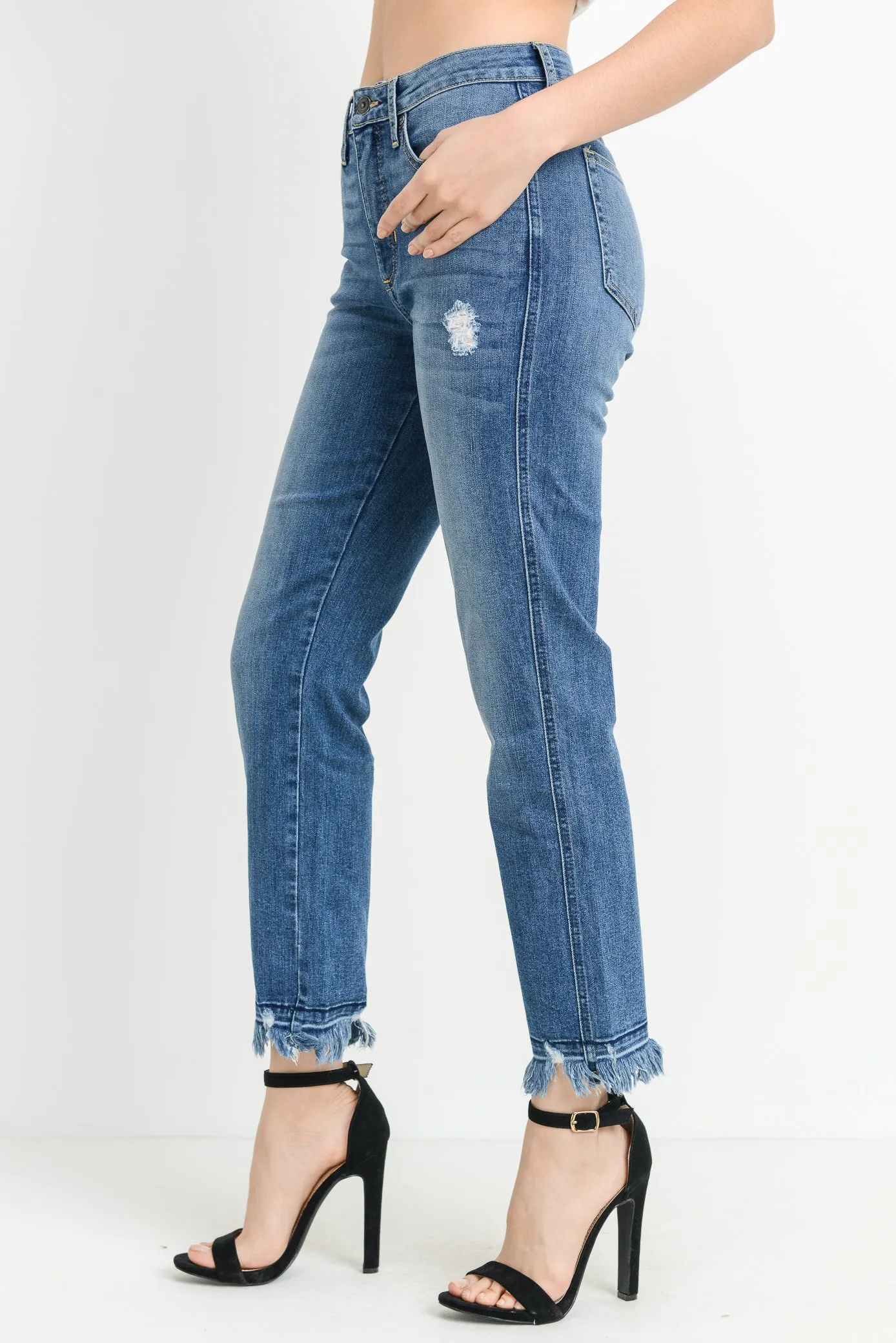 High Rise Frayed Hem Jeans