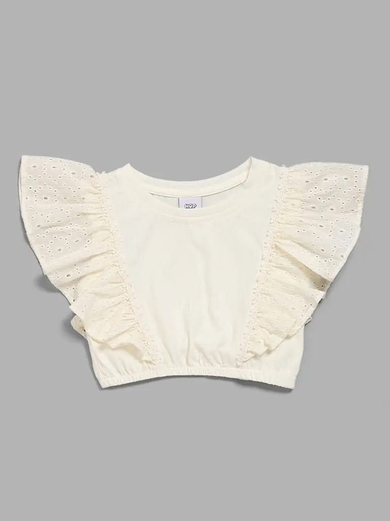 HOP Kids White Schiffli Sleeves Crop Top