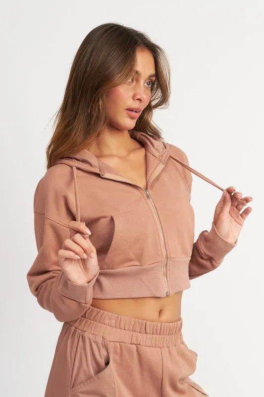 Hot Girl Emory Contrasted Zip Up Cropped Hoodie In Dusty Peach