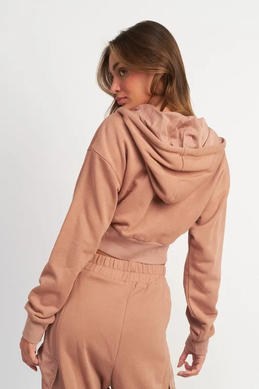 Hot Girl Emory Contrasted Zip Up Cropped Hoodie In Dusty Peach