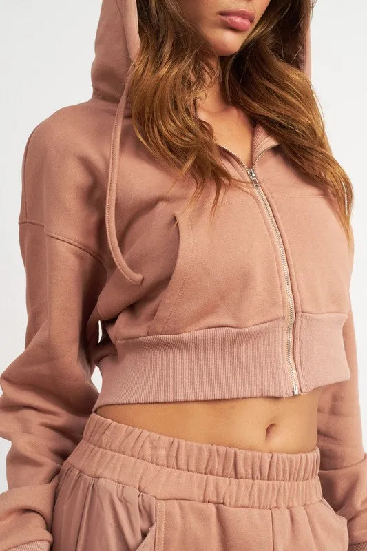 Hot Girl Emory Contrasted Zip Up Cropped Hoodie In Dusty Peach