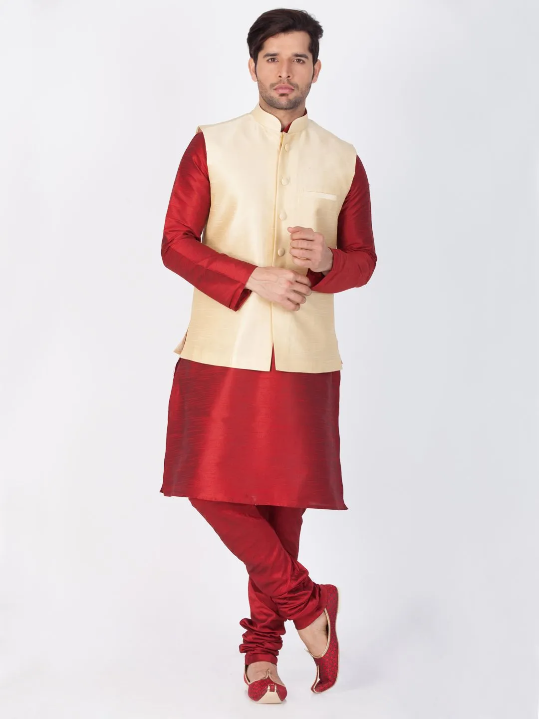 Jashvi Men's Gold Cotton Silk Blend Ethnic Jacket