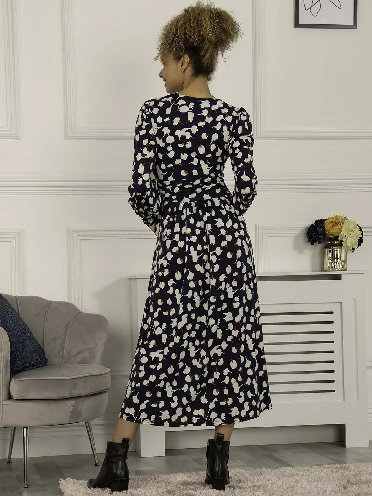 Jolie Moi Nancy Long Sleeve Maxi Dress, Navy White Floral