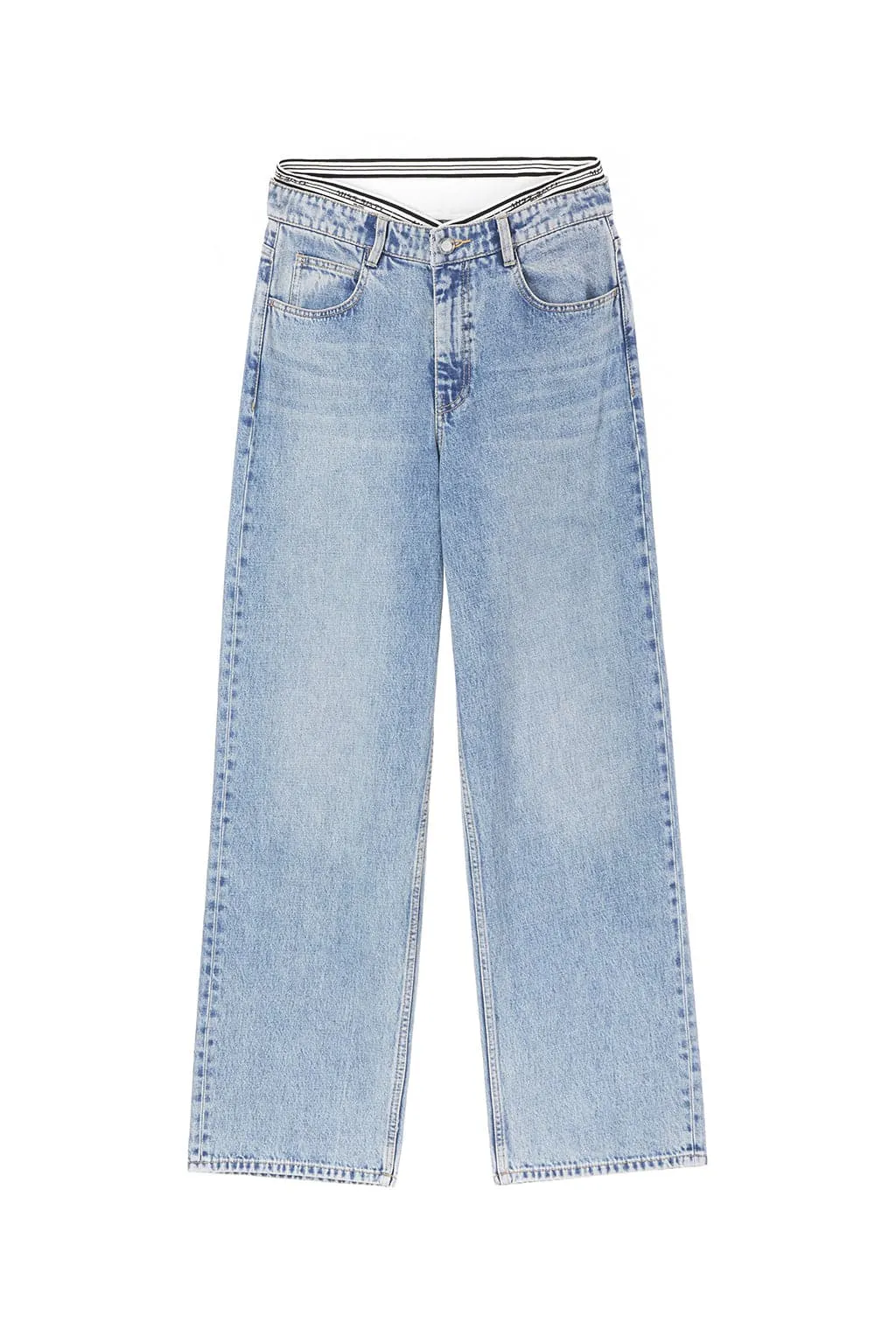 Light Blue V-Shape Patchwork High Waist Straight Fit Jeans