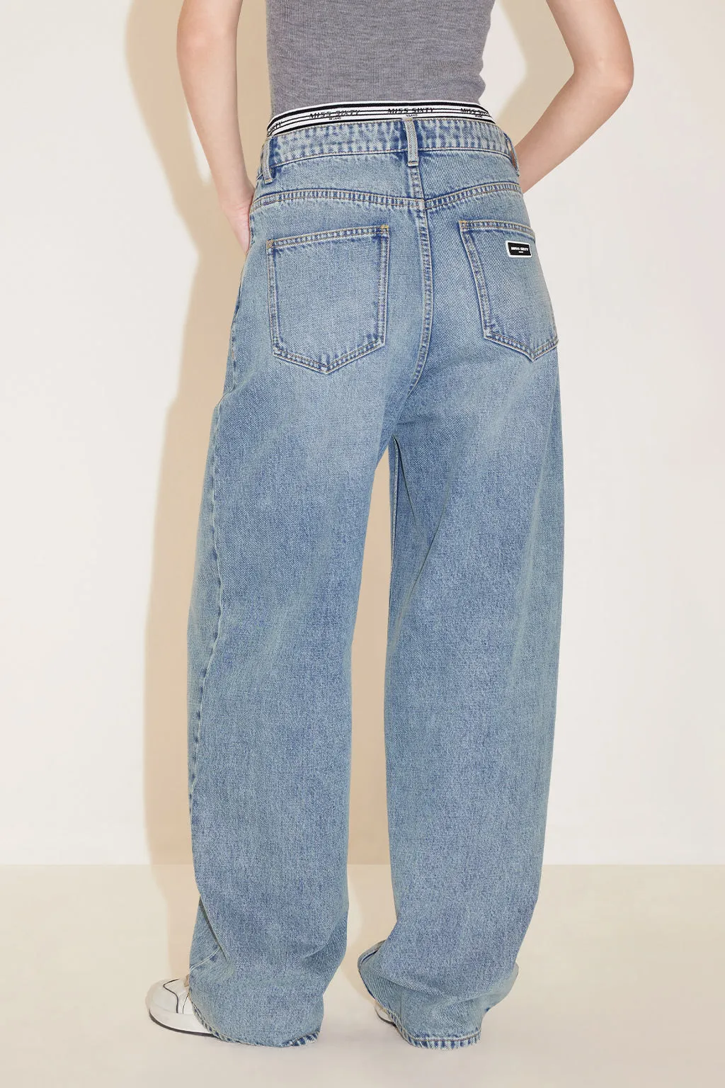 Light Blue V-Shape Patchwork High Waist Straight Fit Jeans