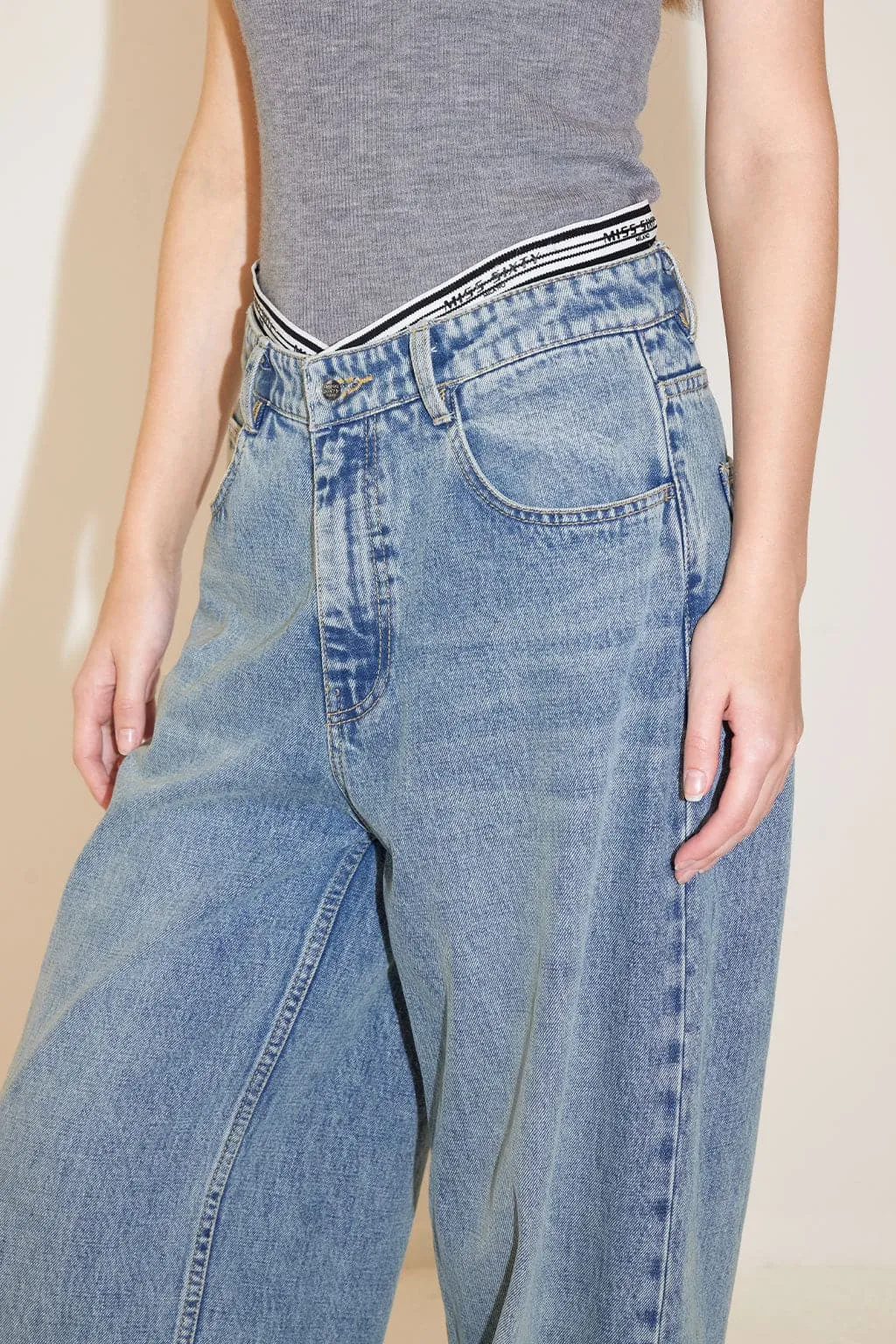 Light Blue V-Shape Patchwork High Waist Straight Fit Jeans