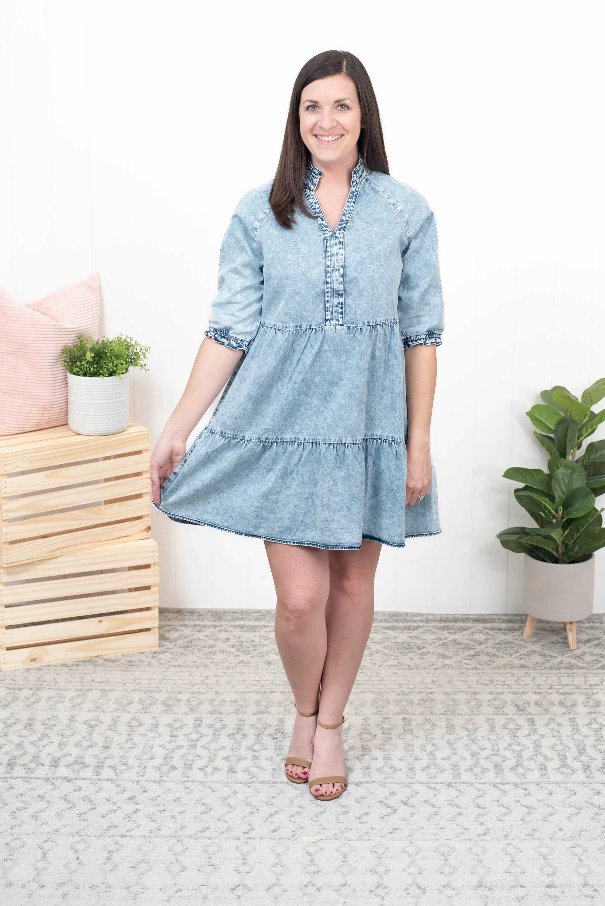 Made For This - Acid Wash Retro Half Sleeve Flared Denim Dress