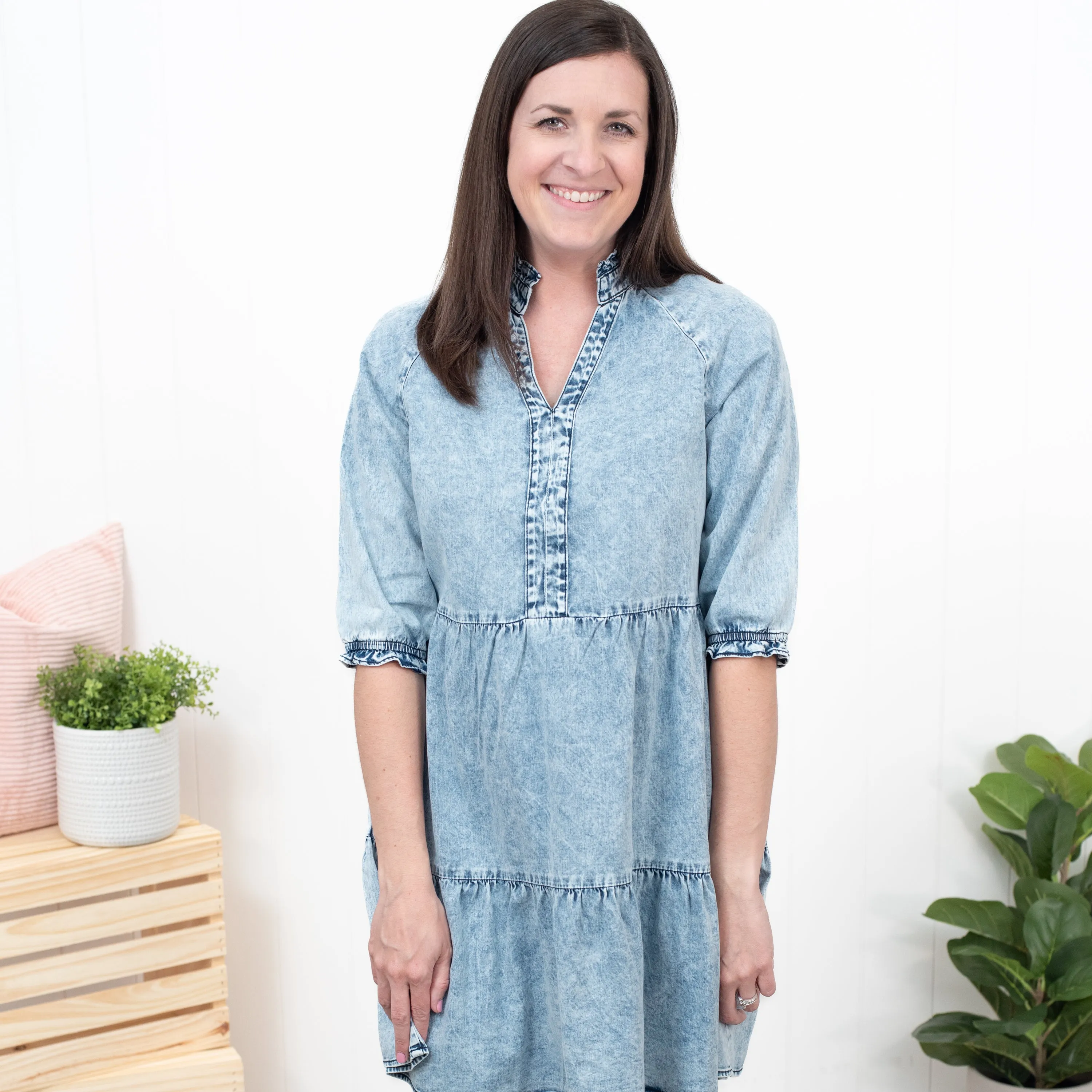 Made For This - Acid Wash Retro Half Sleeve Flared Denim Dress