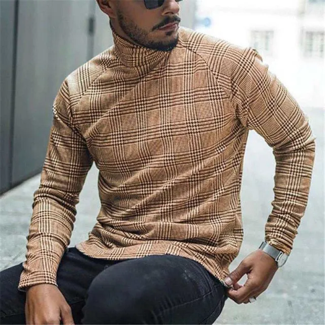 Men's Plaid Turtleneck Long Sleeve Tops