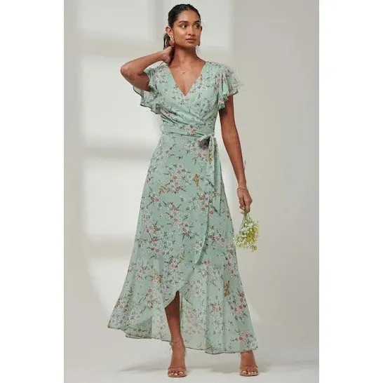 Mint Green Floral Print with White Polka Dot Wrap top Maxi Dress With Angel Sleeves