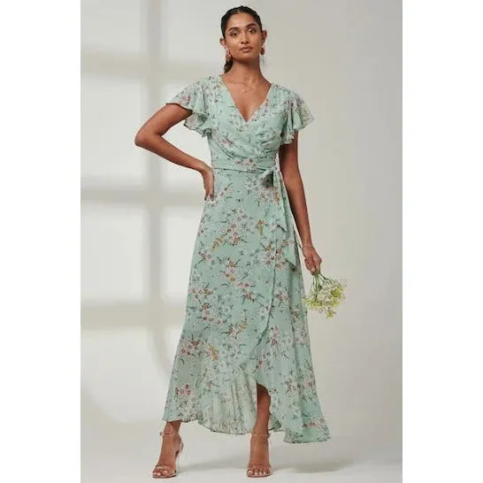 Mint Green Floral Print with White Polka Dot Wrap top Maxi Dress With Angel Sleeves