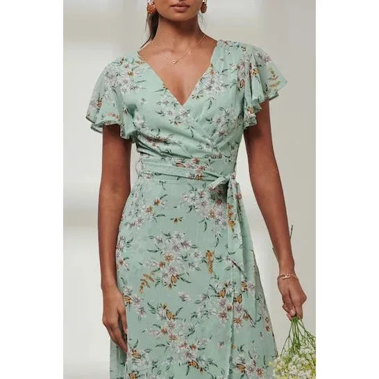 Mint Green Floral Print with White Polka Dot Wrap top Maxi Dress With Angel Sleeves