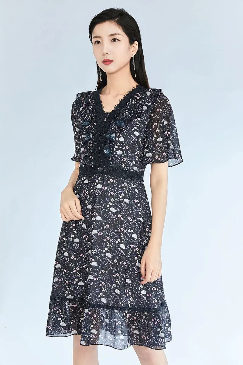 Navy Blue Ditsy Floral Waisted V Neck Dress