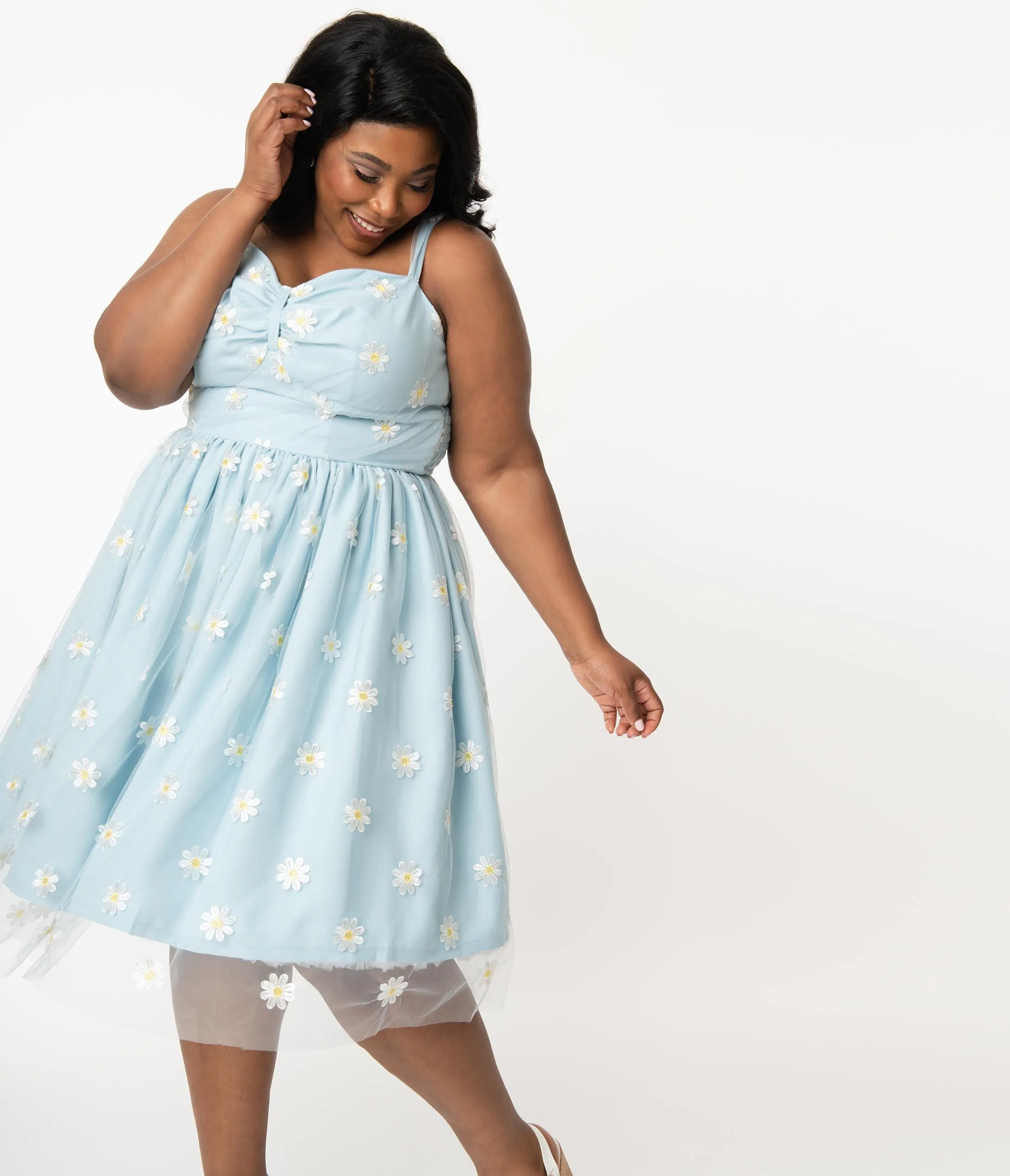 Plus Size Light Blue & Daisy Floral Mesh Monica Swing Dress