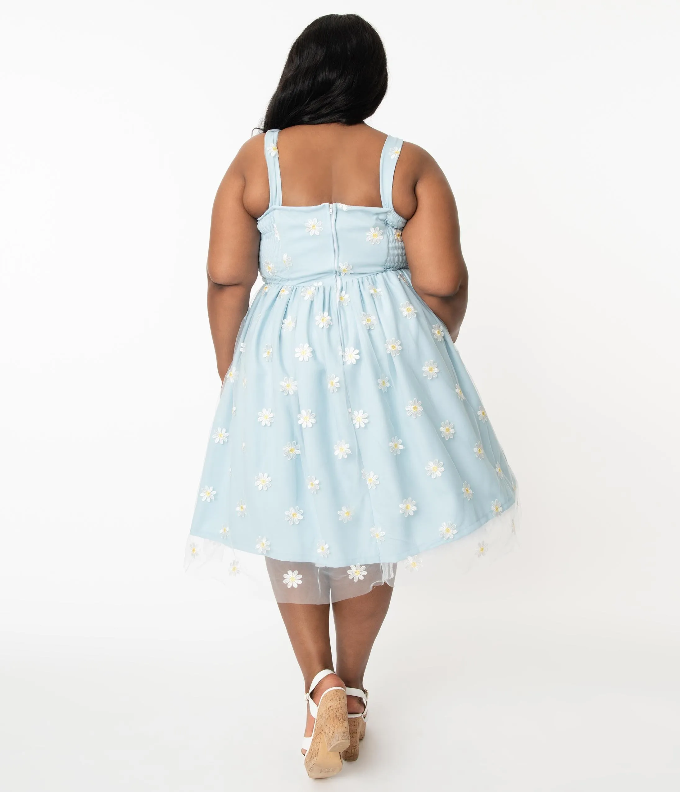 Plus Size Light Blue & Daisy Floral Mesh Monica Swing Dress