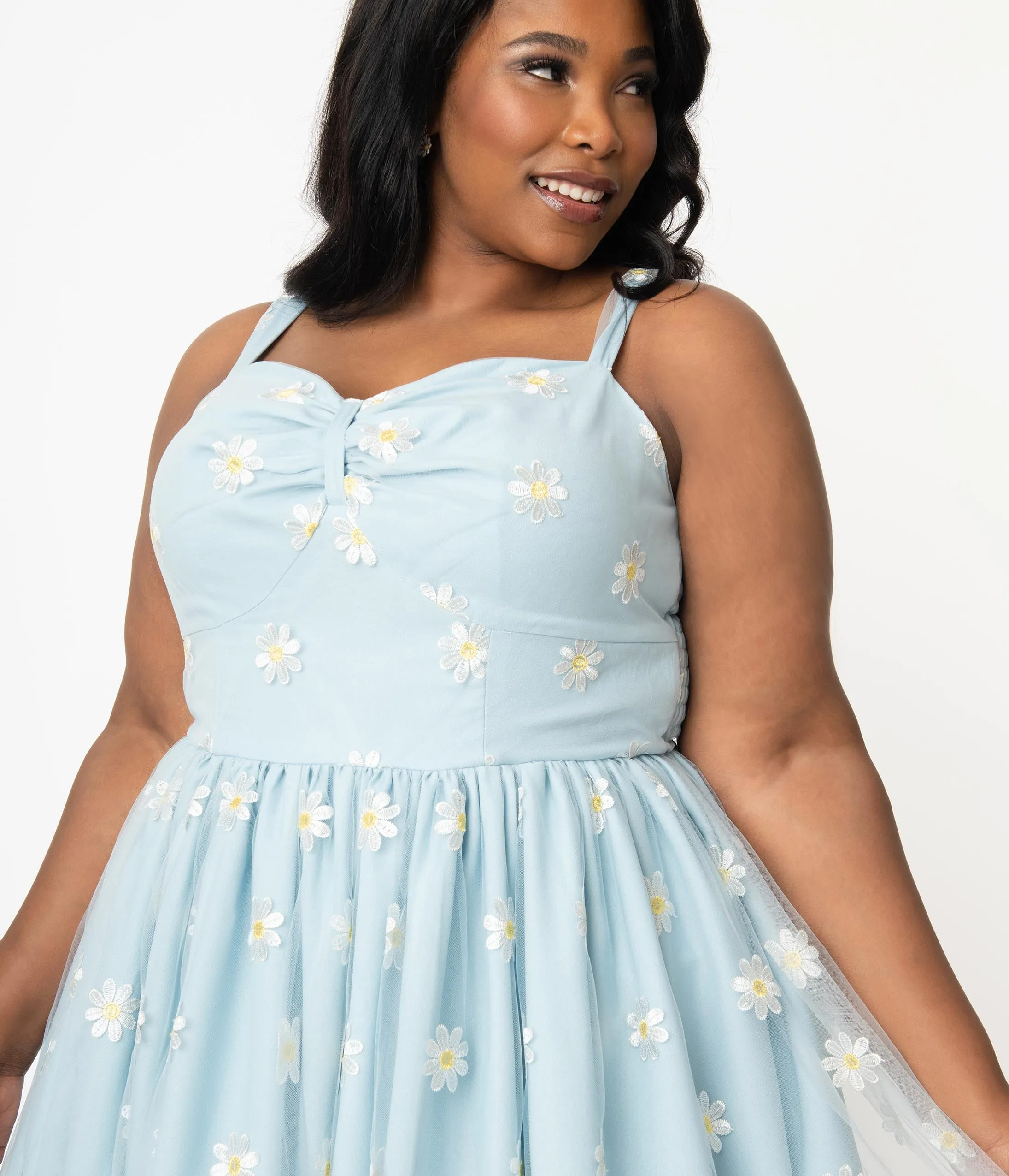 Plus Size Light Blue & Daisy Floral Mesh Monica Swing Dress