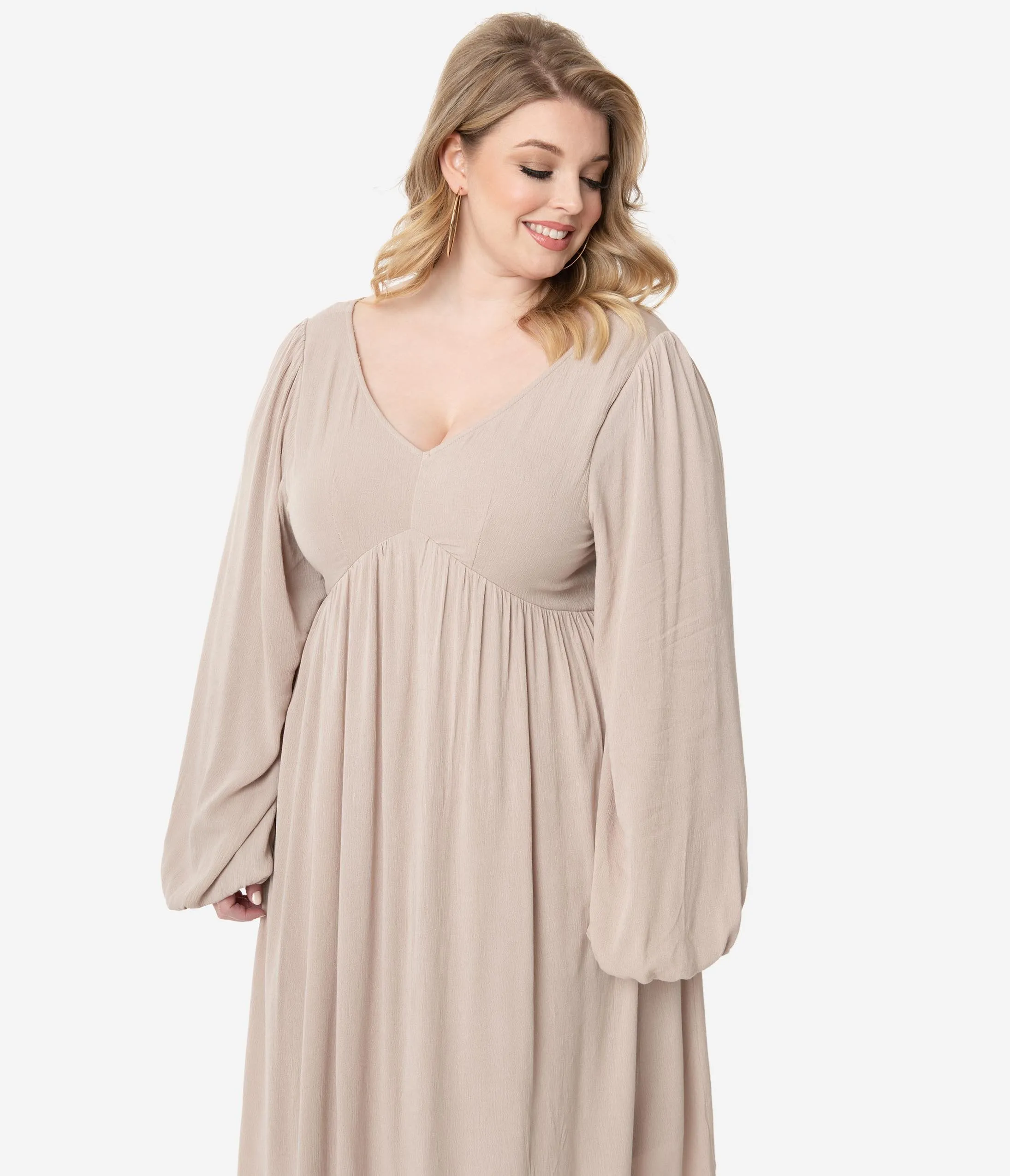 Plus Size Retro Style Taupe Back Ties Midi Dress