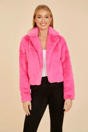 Plush Faux Fur Notch Collar Jacket - Hot Pink