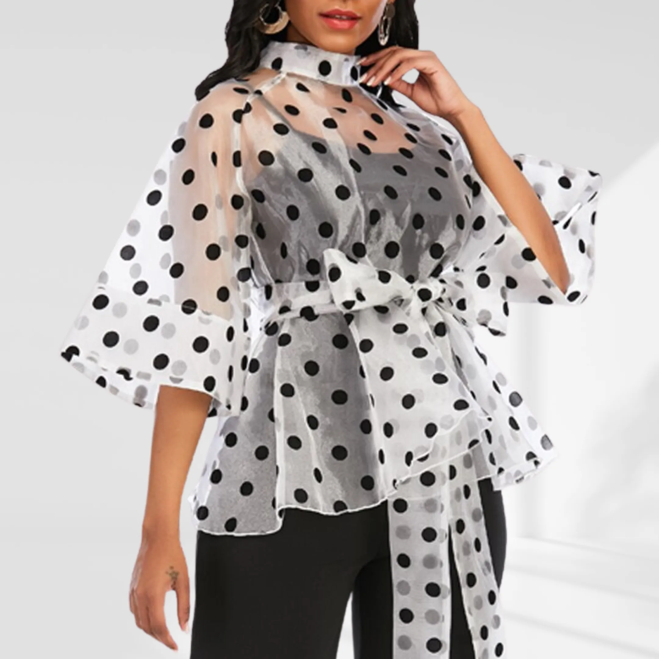 Polka Dot Peplum Flare Sleeve Blouse