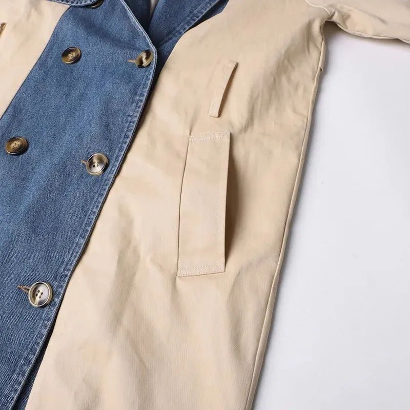 Pre Order:  Denim Spliced Epaulet Belted Coat