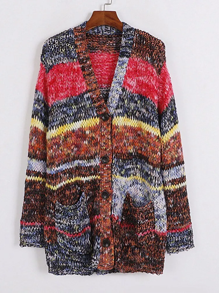 Pre Order:  Dual Pockets Multicolor Knitted Cardigan