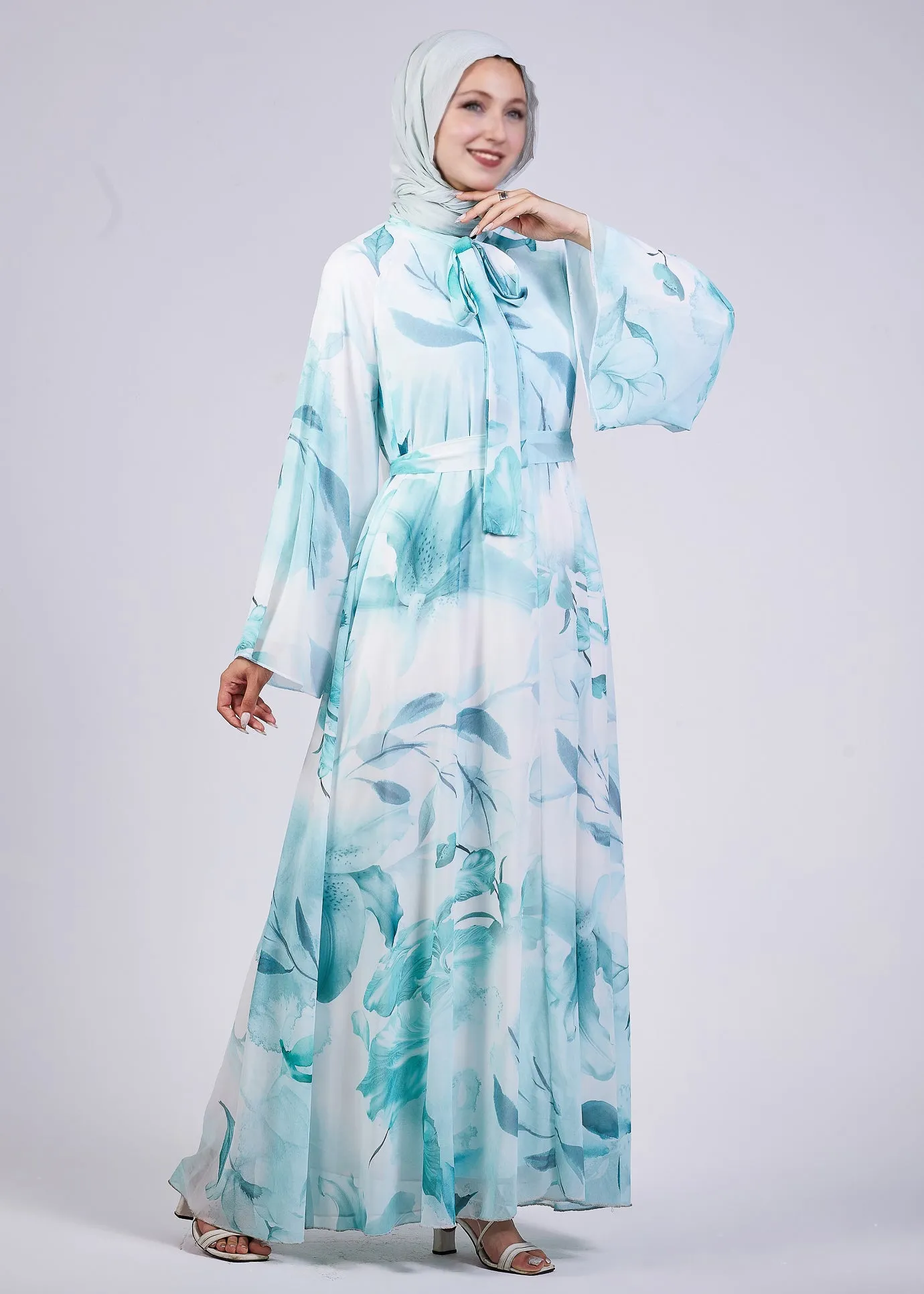 Rawan Elegance Floral Print Maxi Dress with High Neck and Flowing Sleeves