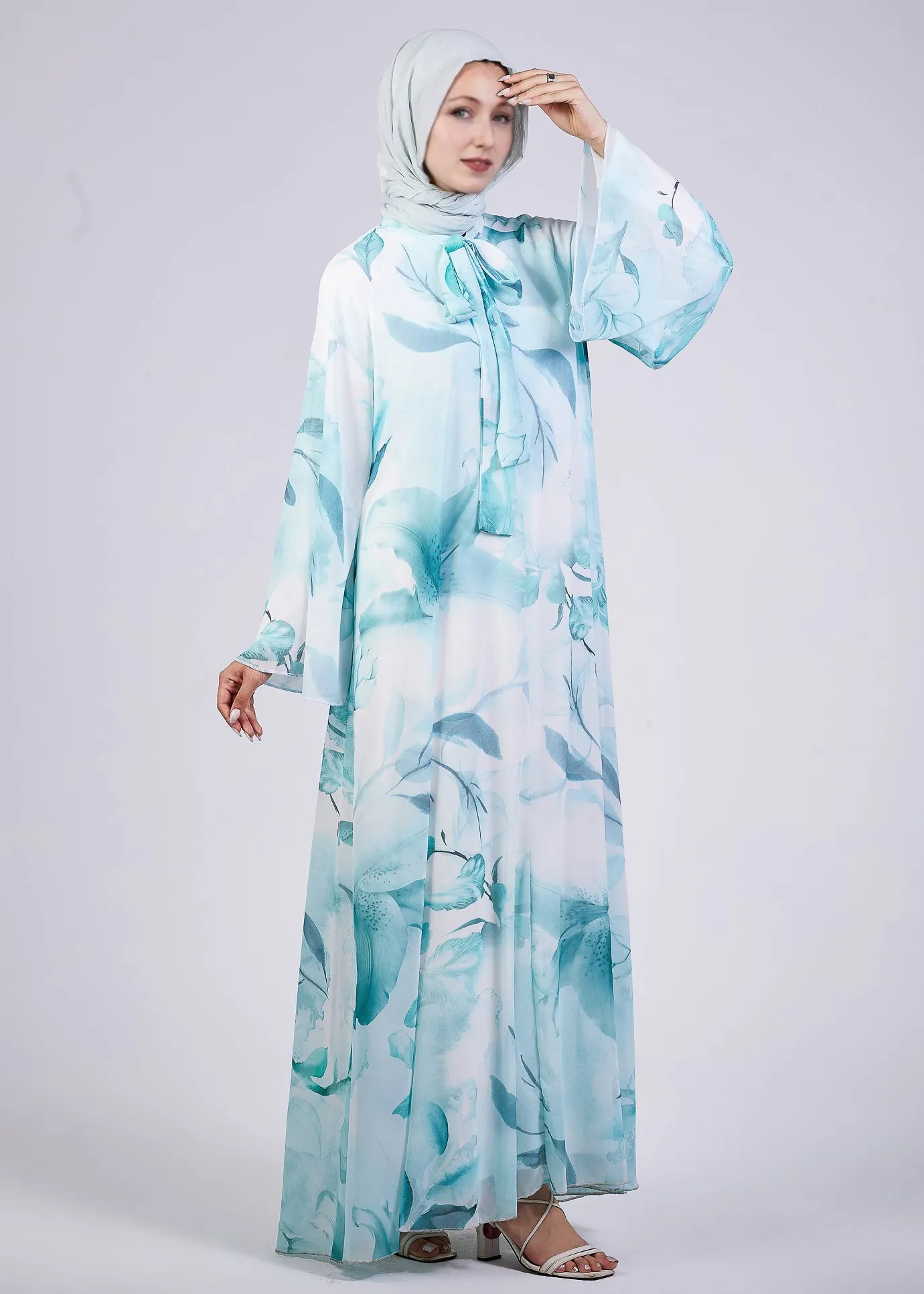 Rawan Elegance Floral Print Maxi Dress with High Neck and Flowing Sleeves