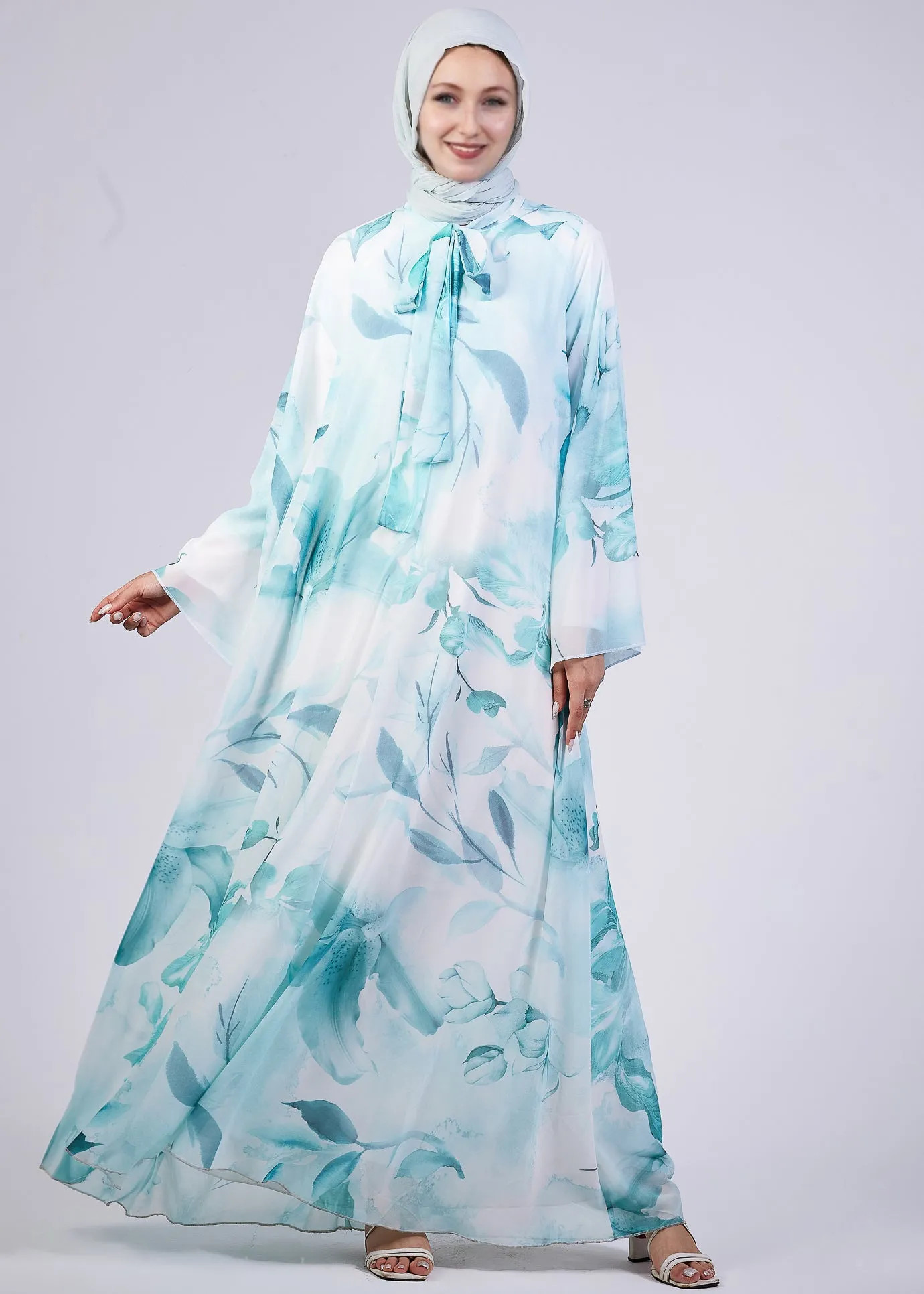 Rawan Elegance Floral Print Maxi Dress with High Neck and Flowing Sleeves