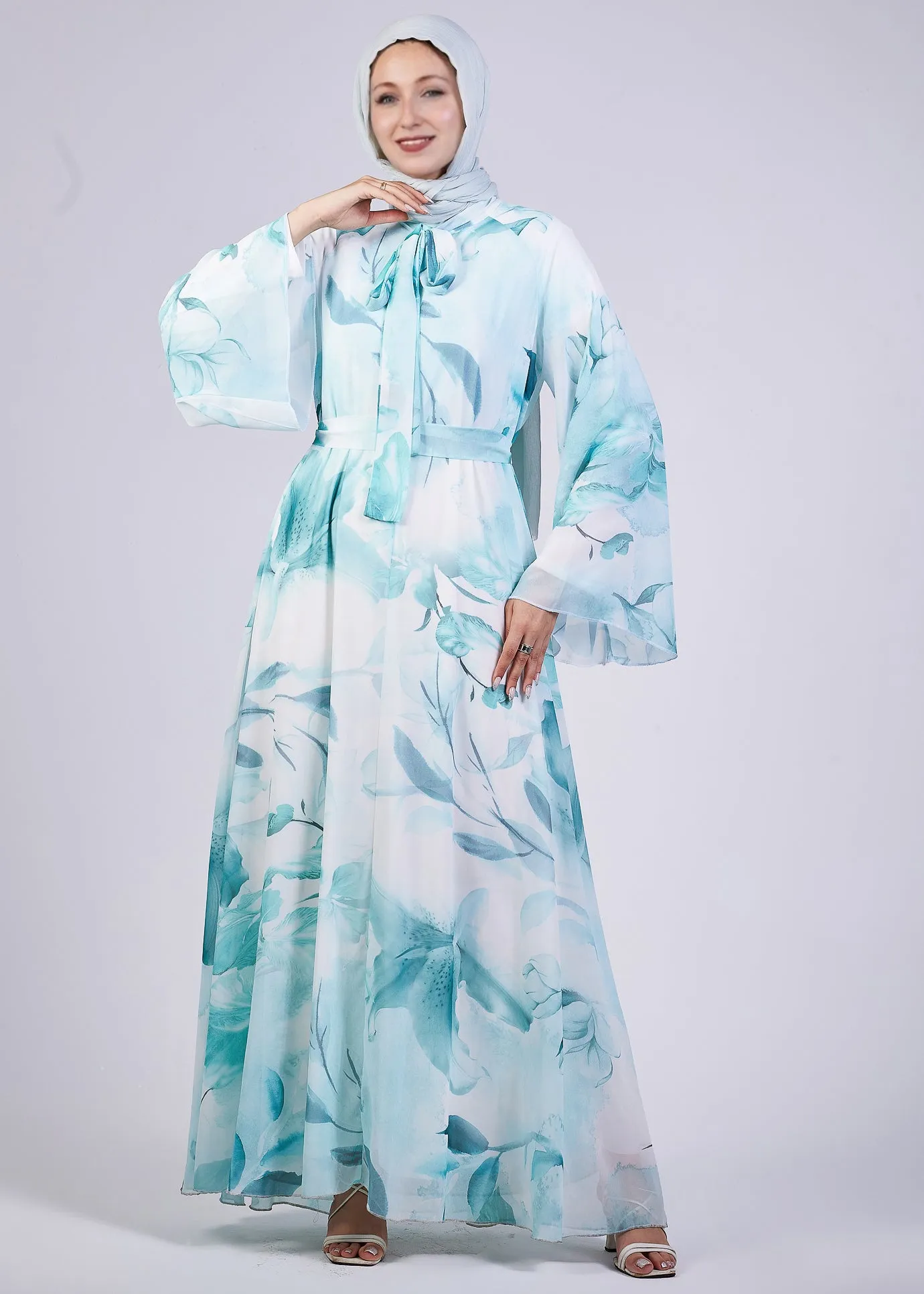 Rawan Elegance Floral Print Maxi Dress with High Neck and Flowing Sleeves