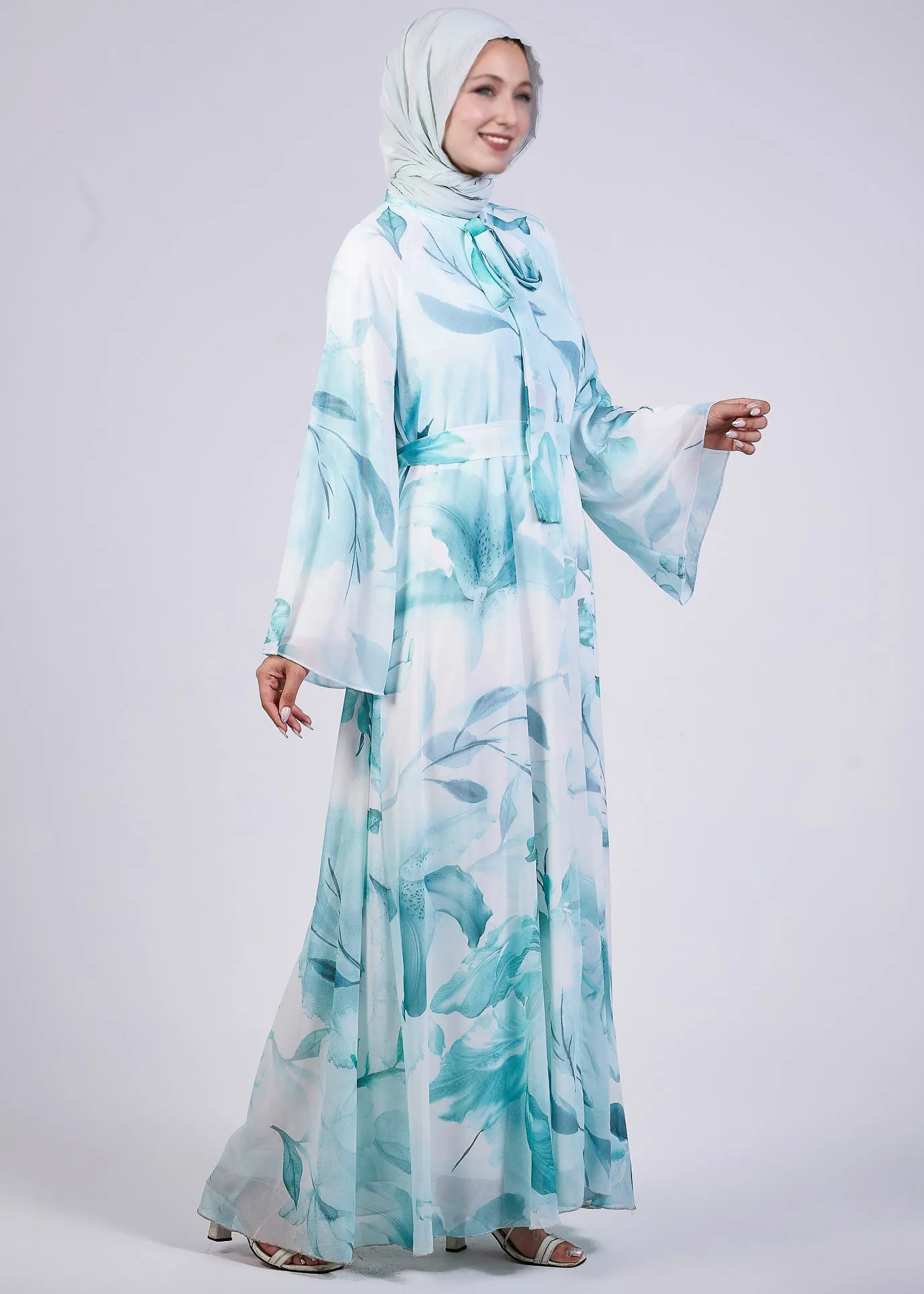 Rawan Elegance Floral Print Maxi Dress with High Neck and Flowing Sleeves