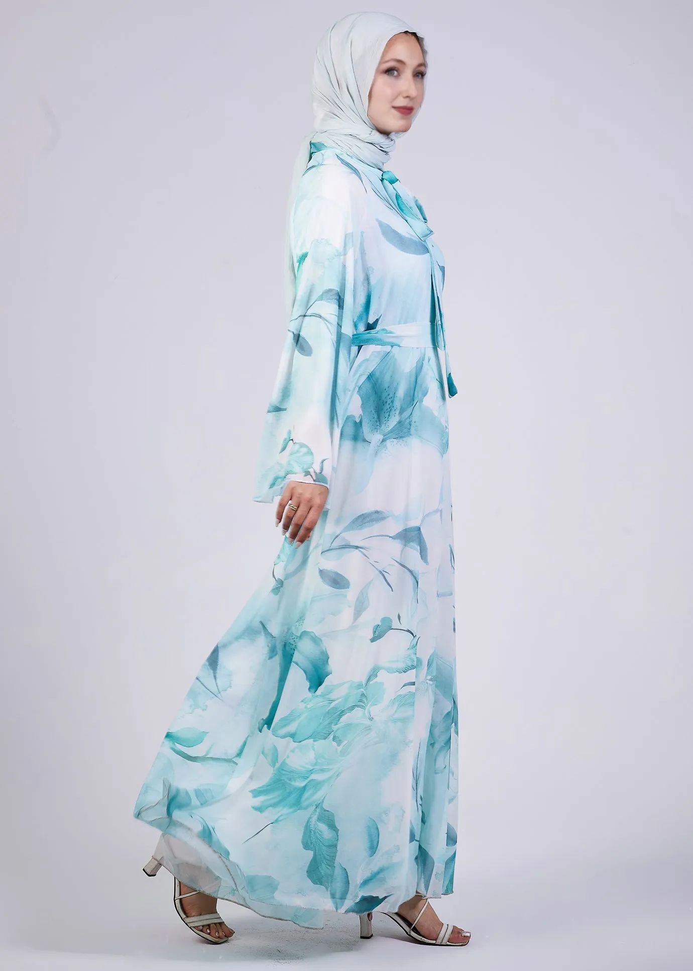 Rawan Elegance Floral Print Maxi Dress with High Neck and Flowing Sleeves