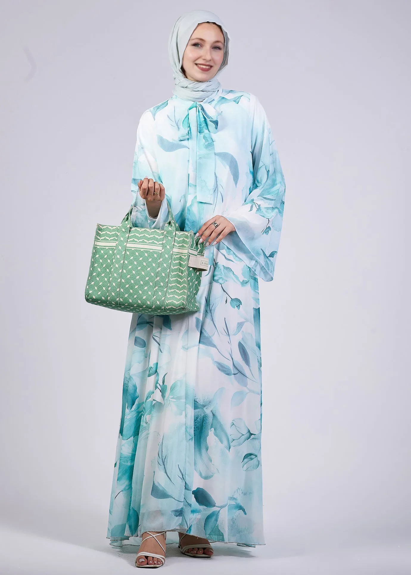 Rawan Elegance Floral Print Maxi Dress with High Neck and Flowing Sleeves