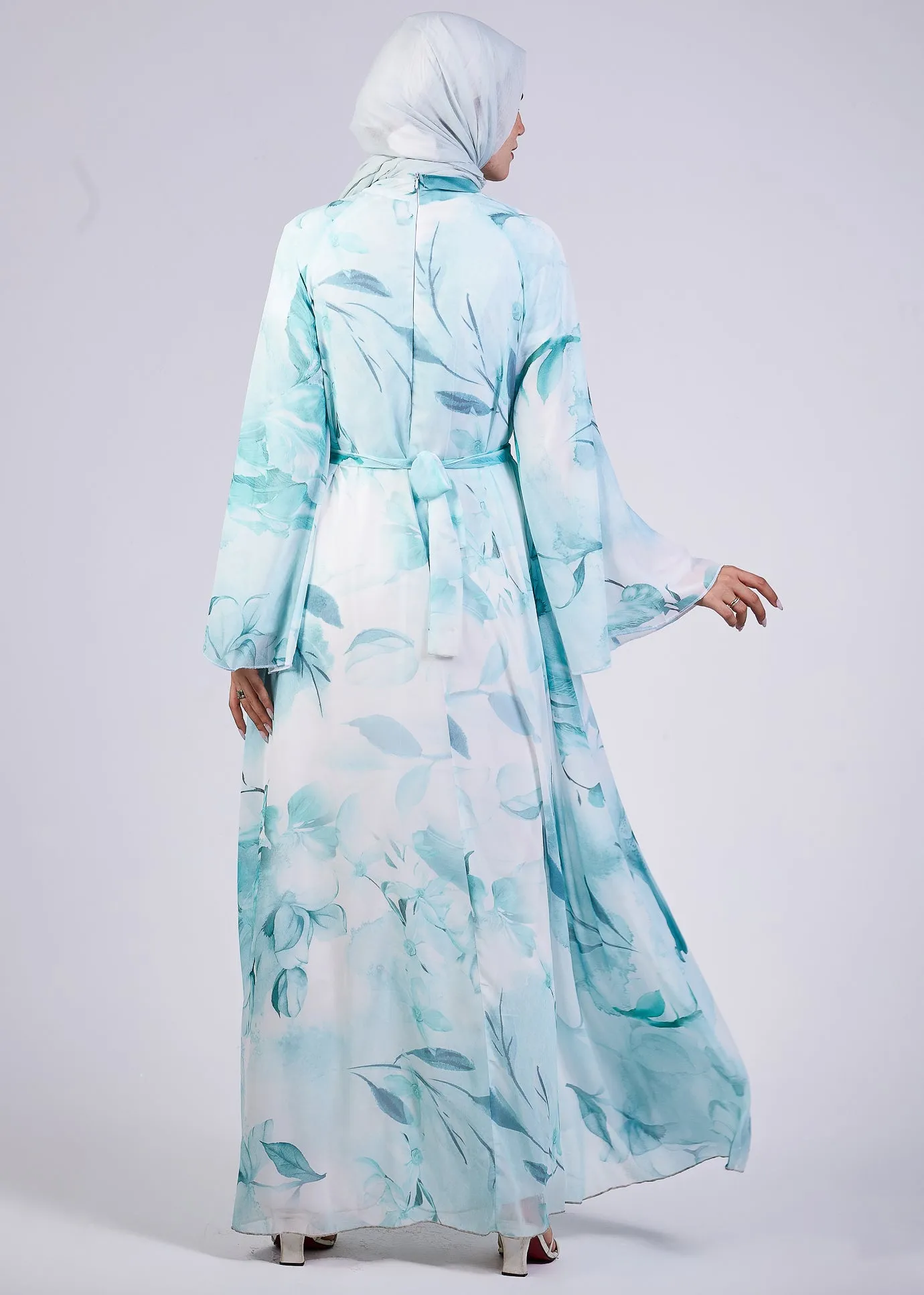 Rawan Elegance Floral Print Maxi Dress with High Neck and Flowing Sleeves