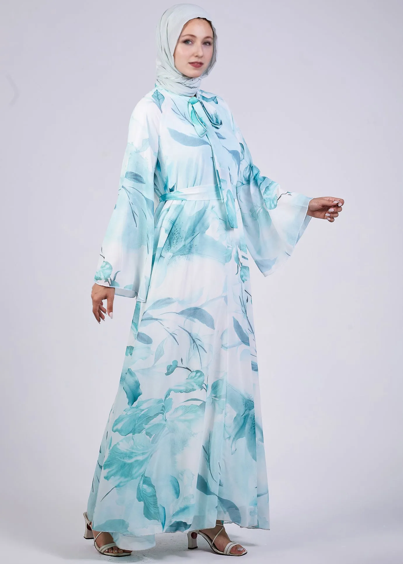 Rawan Elegance Floral Print Maxi Dress with High Neck and Flowing Sleeves