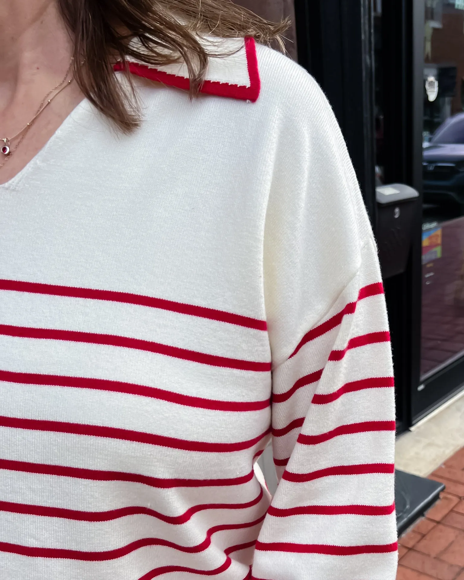 Red/White Striped Collared Sweater