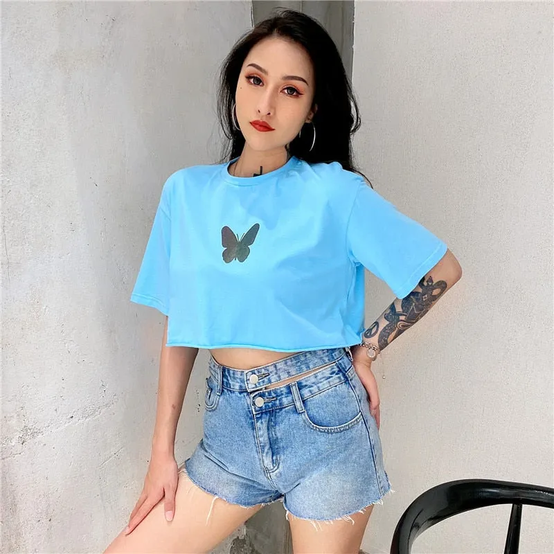 Reflective Butterfly Pattern Casual Loose Summer Tops Harajuku Tees