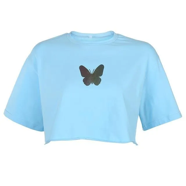 Reflective Butterfly Pattern Casual Loose Summer Tops Harajuku Tees