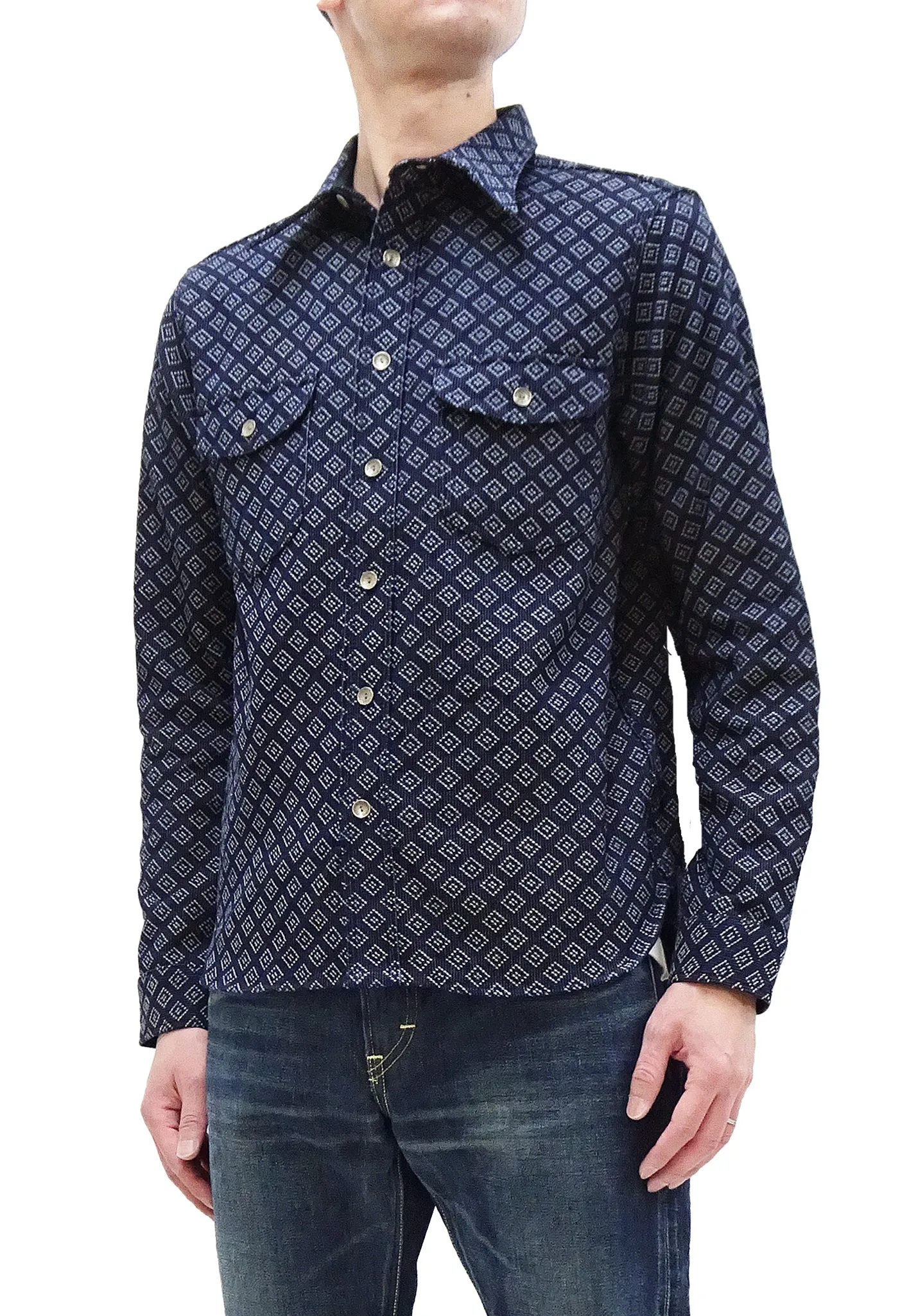 Samurai Jeans Indigo Sashiko Shirt Men's Diamond Stitch Sashiko Long Sleeve Button Up Work Shirt SSS23-SSK