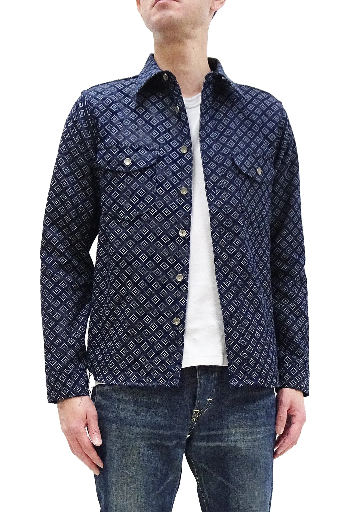 Samurai Jeans Indigo Sashiko Shirt Men's Diamond Stitch Sashiko Long Sleeve Button Up Work Shirt SSS23-SSK