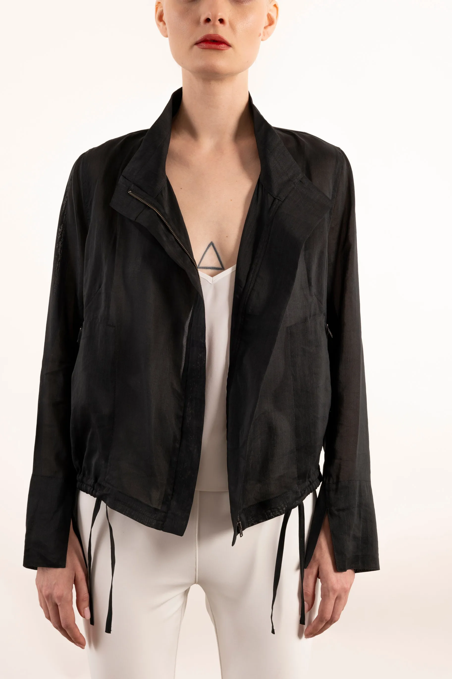 Sheer Ramie Mock Neck Zip Jacket - YABELLA