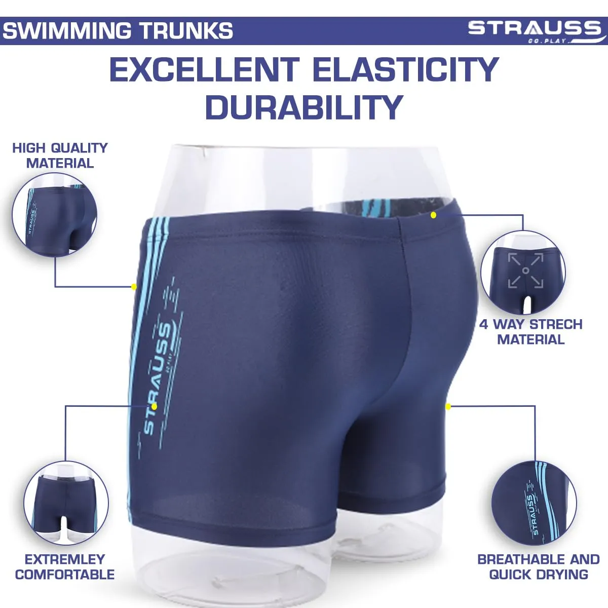 STRAUSS Swimming Shorts | Swimming Trunks for Men & Boys | Easily Adjustable, Breathable & Quick Drying Shorts | Size: L, Blue