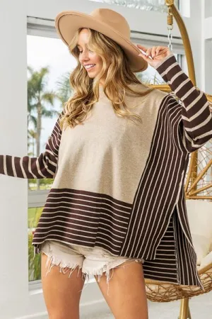 Striped Contrast Long Sleeve Slit Top