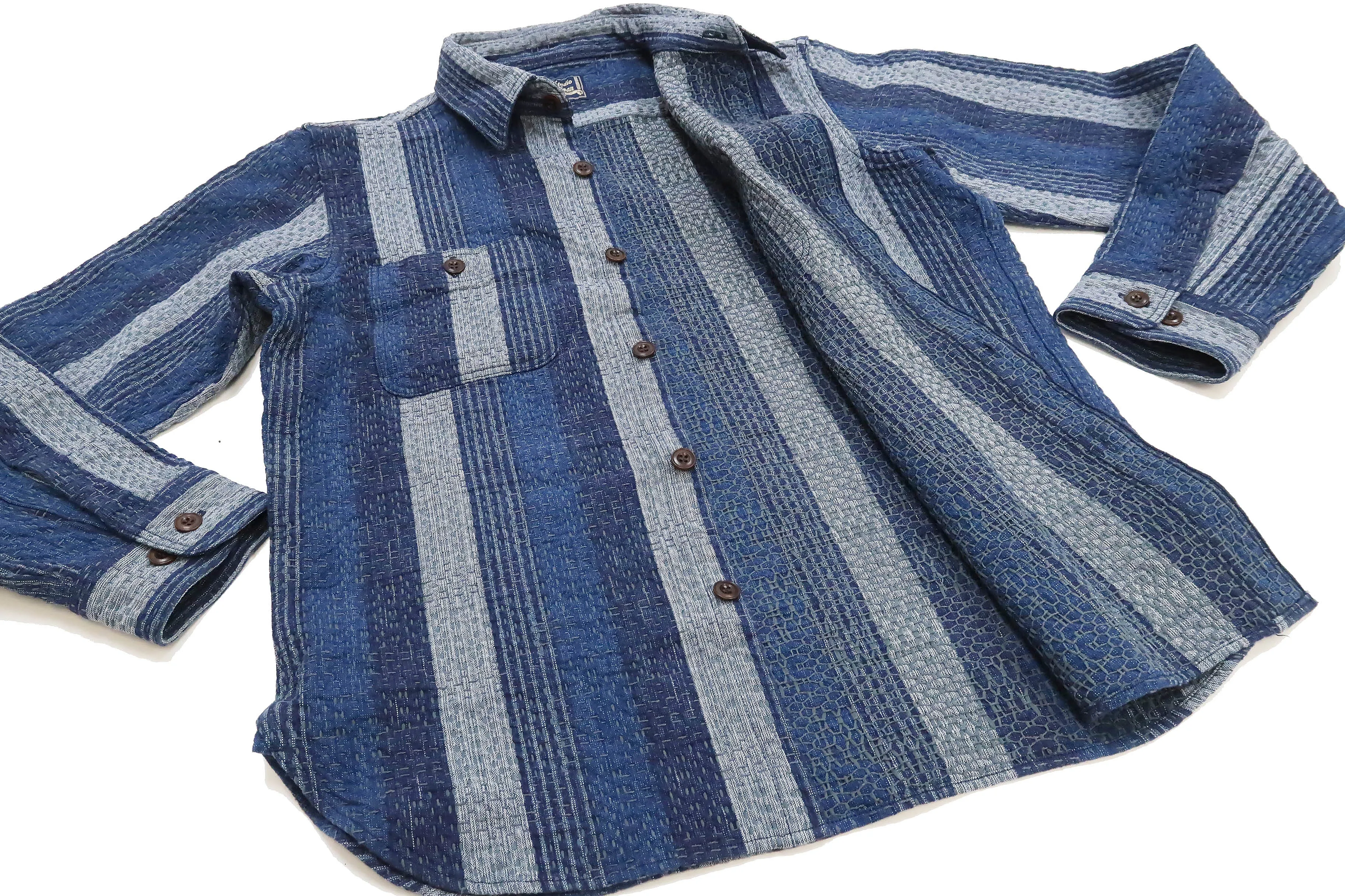 Studio D'artisan Shirt Men's Noragi Kasuri Sashiko Boro Style Long Sleeve Striped Shirt 5676 Navy-Blue