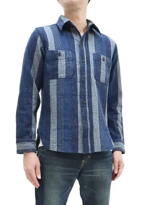 Studio D'artisan Shirt Men's Noragi Kasuri Sashiko Boro Style Long Sleeve Striped Shirt 5676 Navy-Blue