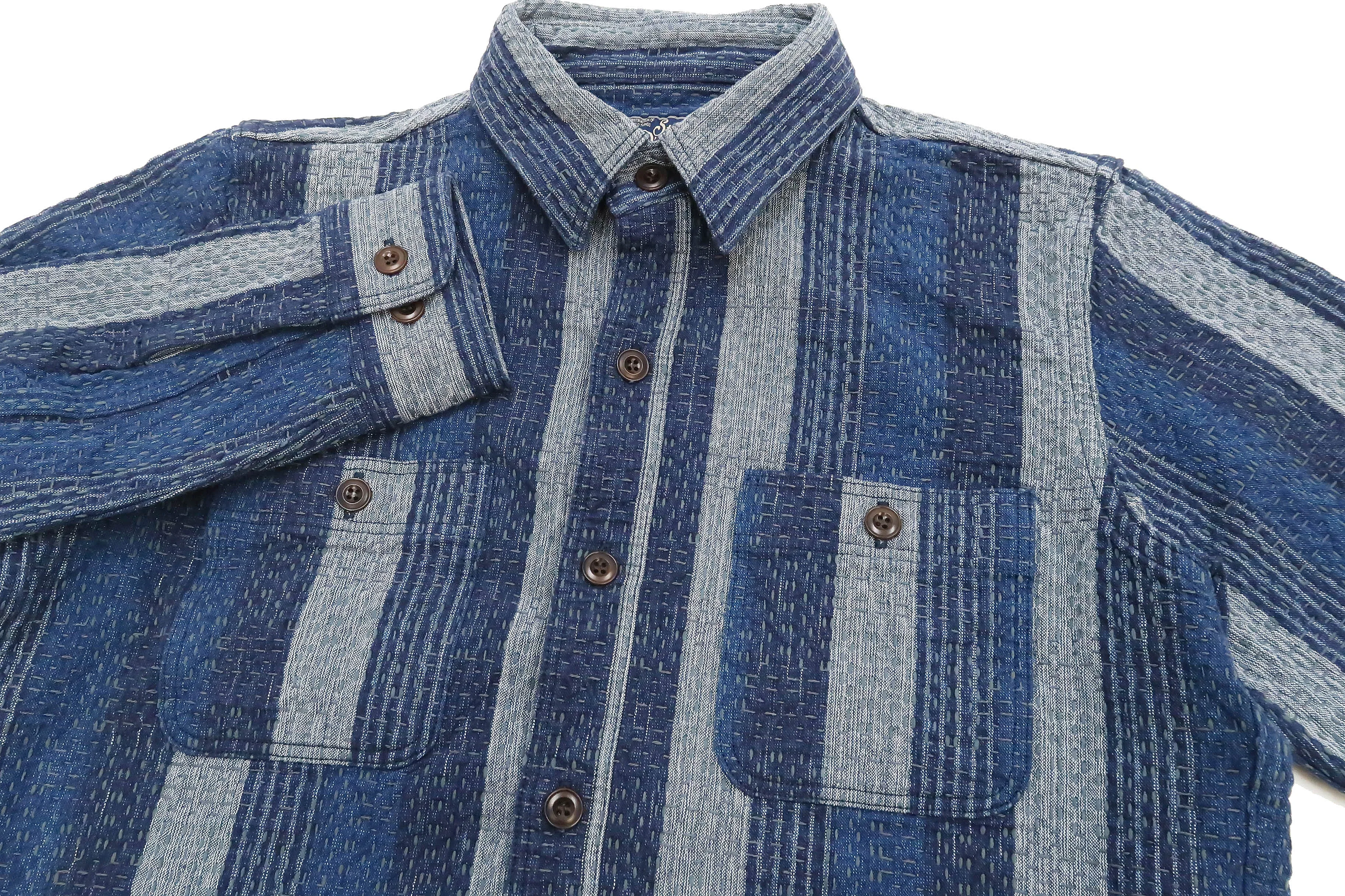 Studio D'artisan Shirt Men's Noragi Kasuri Sashiko Boro Style Long Sleeve Striped Shirt 5676 Navy-Blue